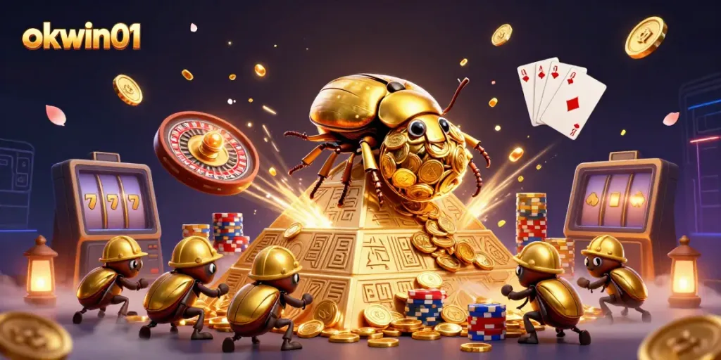 Experience excitement with okwin01 as a golden beetle pushes coins up a casino pyramid.