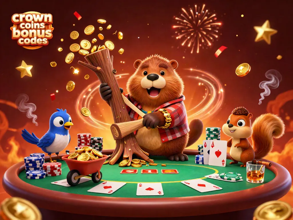 Engaging scene showcasing crown coins bonus codes, where a beaver, bird, and squirrel interact around a vibrant poker table filled with colorful chips.