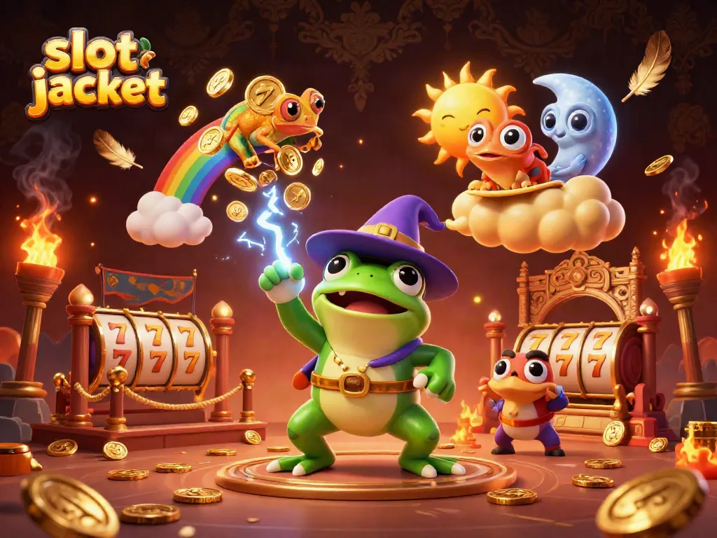 Experience the thrill of slot jackpot with a dynamic scene of a wizard frog and chameleon, surrounded by gold coins.