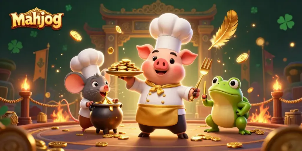 Pemain mahjong menikmati keberuntungan dengan karakter lucu di arena slot, dikelilingi koin emas dan efek menarik.