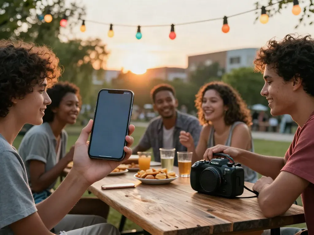 Friends enjoying an outdoor gathering, featuring peh888 app on smartphone, vibrant atmosphere.