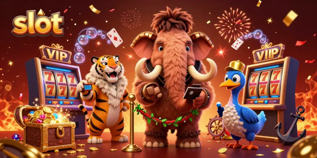 Engage in exciting slot play with a cartoon woolly mammoth head doorman and vibrant casino elements.