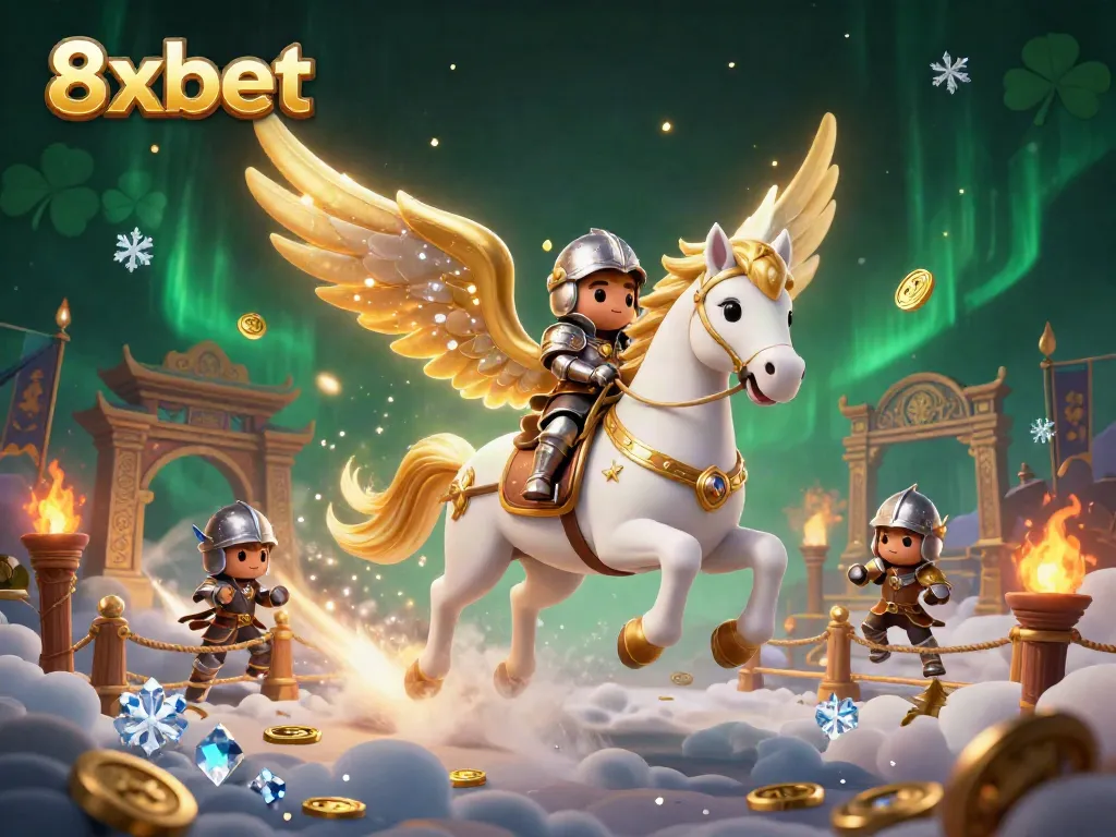 Engage in thrilling gameplay at 8xbet with vibrant casino-themed elements and a knight on a celestial horse.