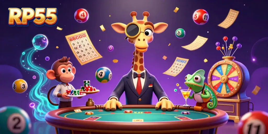 Experience the excitement of the casino with RP55 featuring a giraffe and a monkey in a vibrant, colorful scene.
