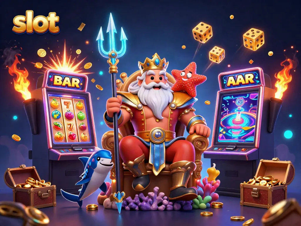 Experience the thrill of slot machines with Neptune and his samurai guard in a vibrant casino illustration.