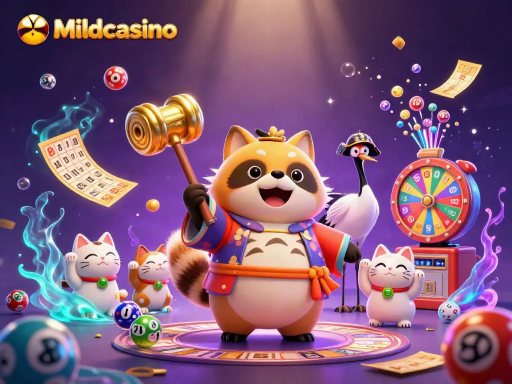 Mildcasino features a joyful tanuki and friends engaged in lively lottery activities, celebrating wins.
