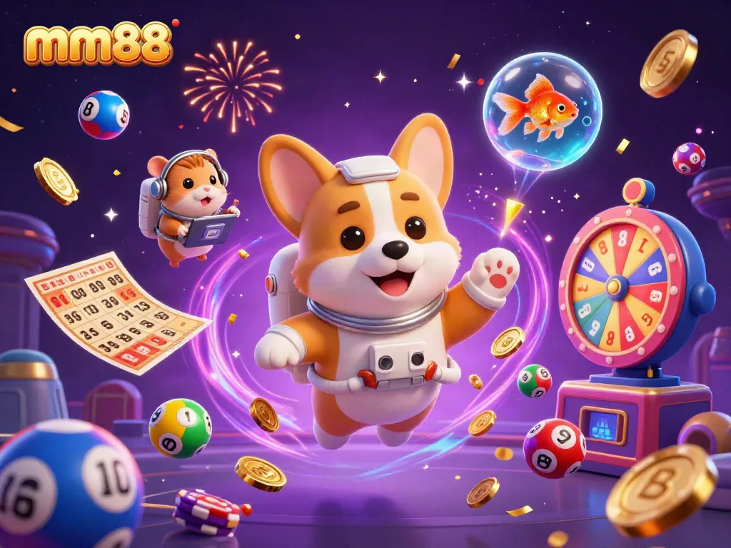 Engage with mm88's exciting games in a vibrant 3D illustration featuring an astronaut corgi and festive elements.
