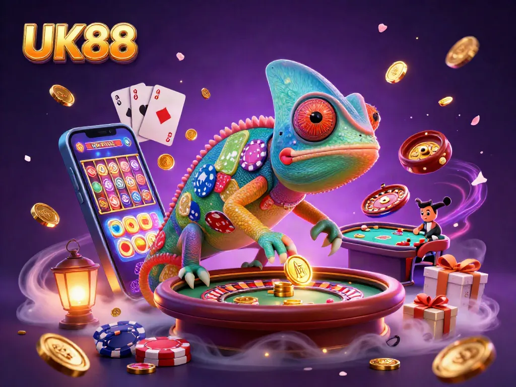 Spin to win at UK88 with a colorful slot game and a lively casino scene.
