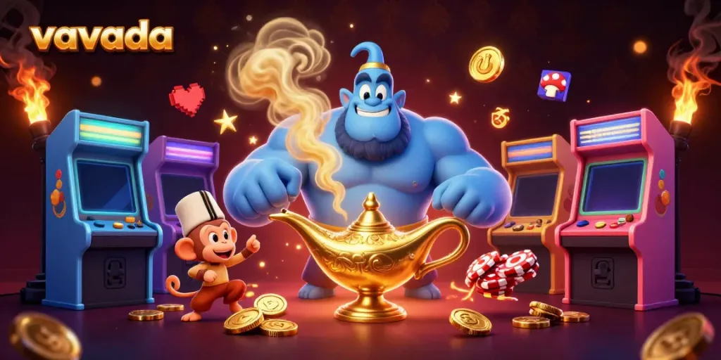 Experience the thrill of vavada as a genie emerges from a lamp surrounded by casino elements.