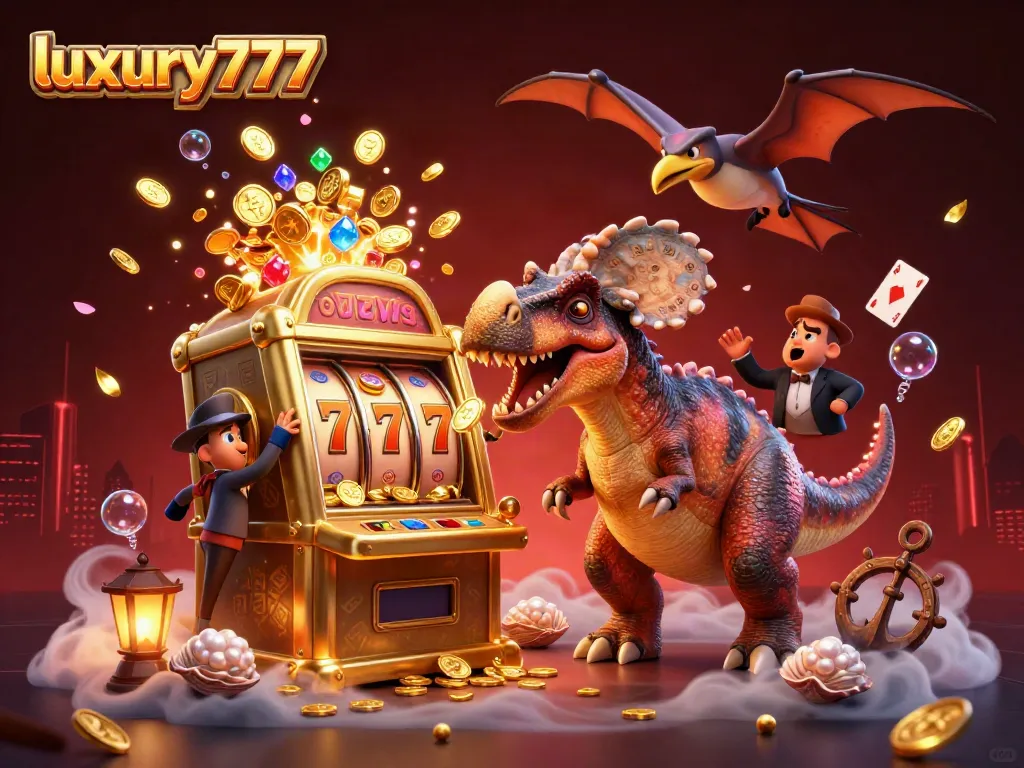 Luxury777 showcases a thrilling scene with a pachycephalosaurus jackpot on a slot machine surrounded by casino chaos.