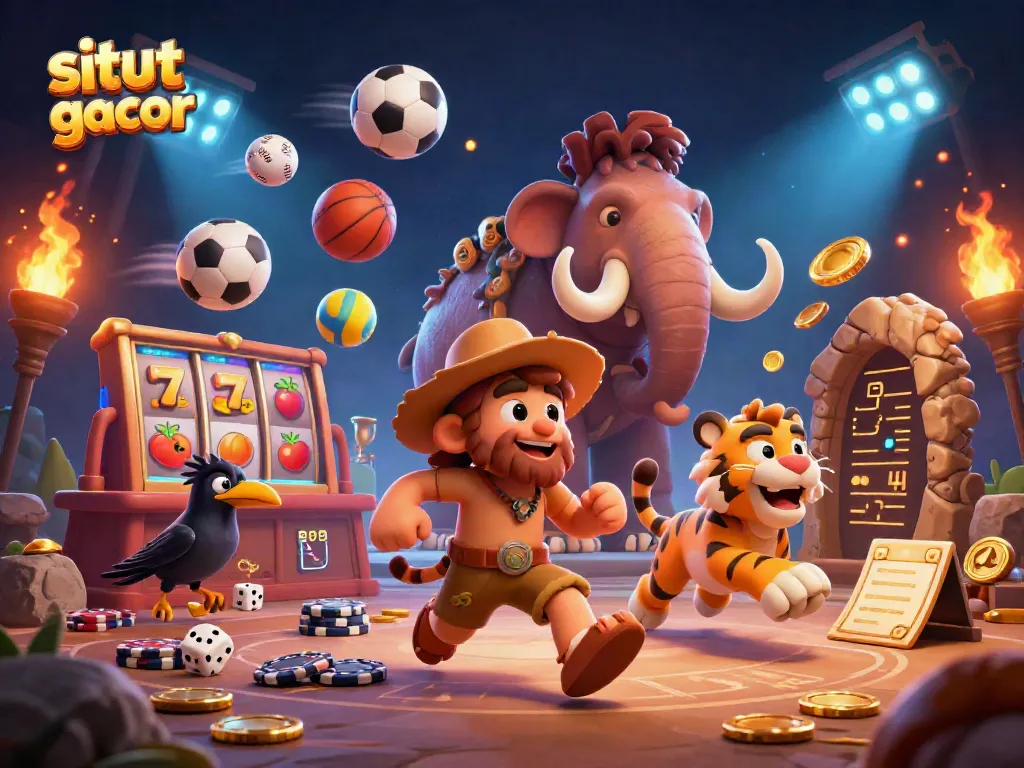 Situs slot gacor scene with a caveman, sabertooth tiger, and crow in a rich, animated casino environment.