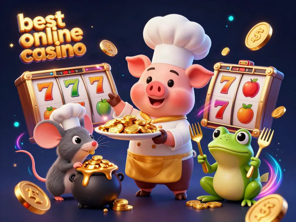 Chef pig proudly presents gold coins, celebrating the best online casino experience.