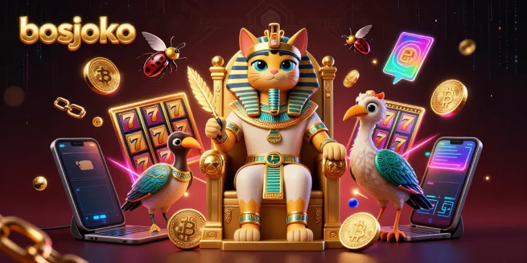 Experience the excitement of bosjoko with dynamic slot reels and vibrant characters in a luxurious casino scene.