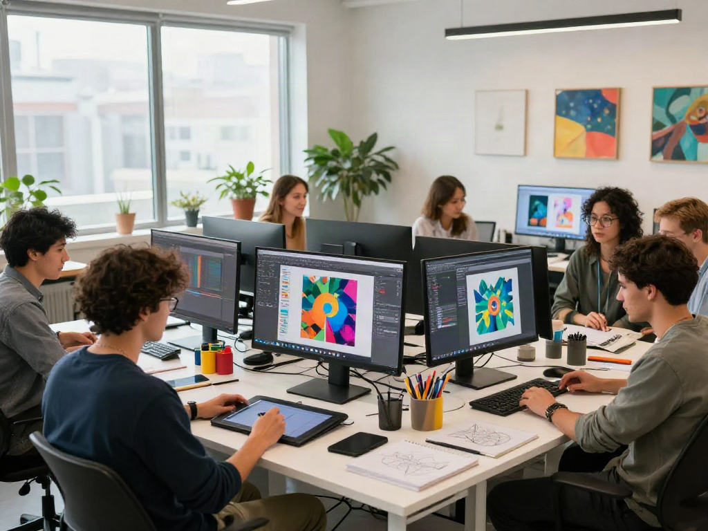 Dynamic workspace showcasing artists using a porn ai generator to create vibrant digital art.