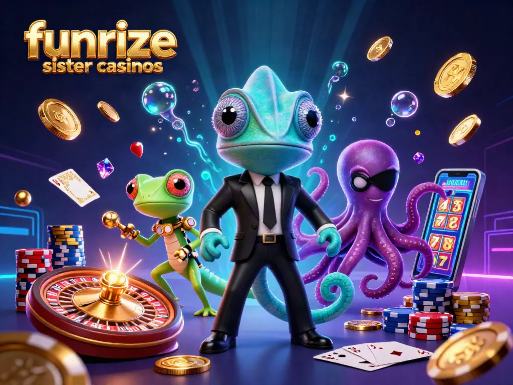 Experience funrize sister casinos in a vibrant 3D casino scene with characters and game elements