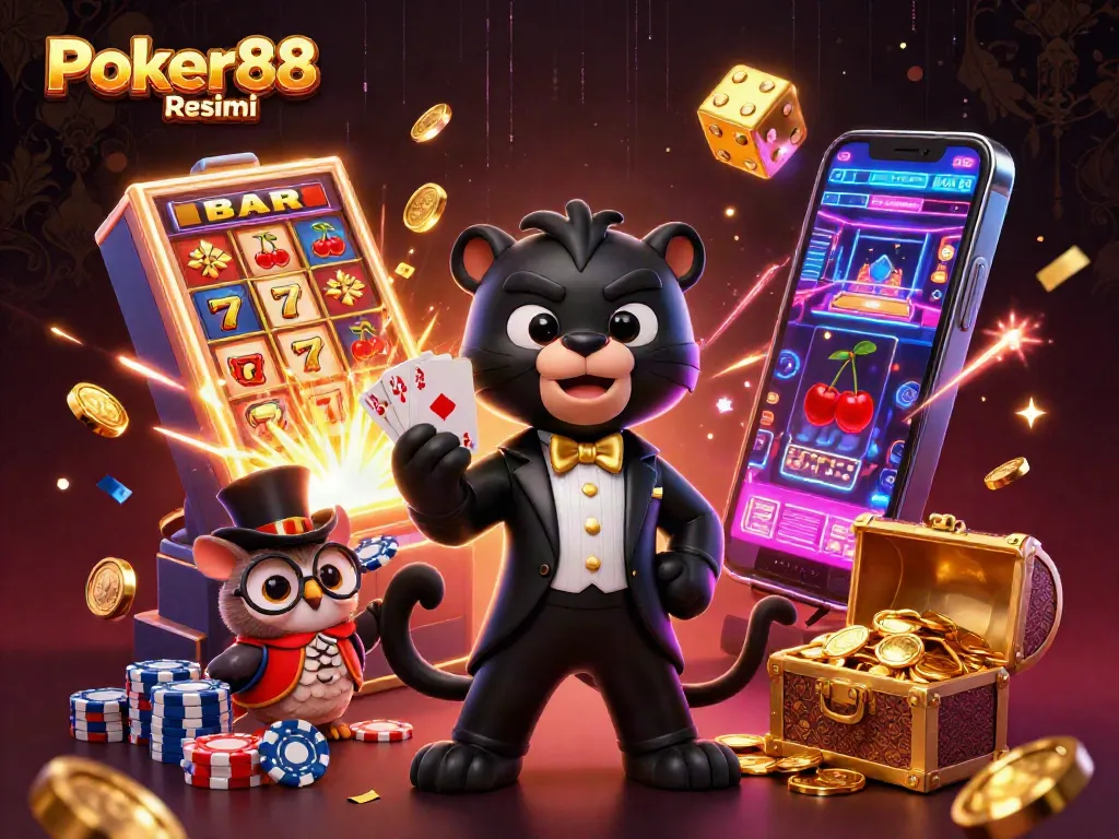 Experience the fun of Poker88 Resmi with an engaging cartoon scene of characters and casino games.