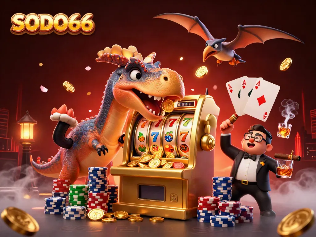 SODO66 engages players with exciting golden slot machine action in a vibrant casino scene.
