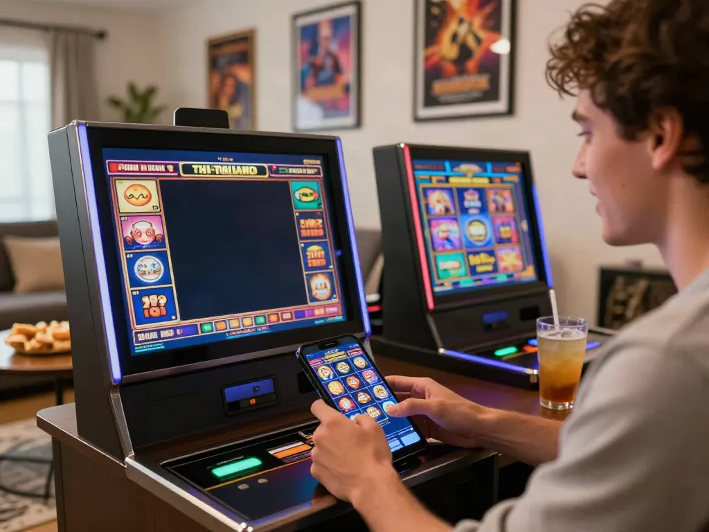 Player enjoying slot thailand games on a mobile device, surrounded by a cozy gaming atmosphere.