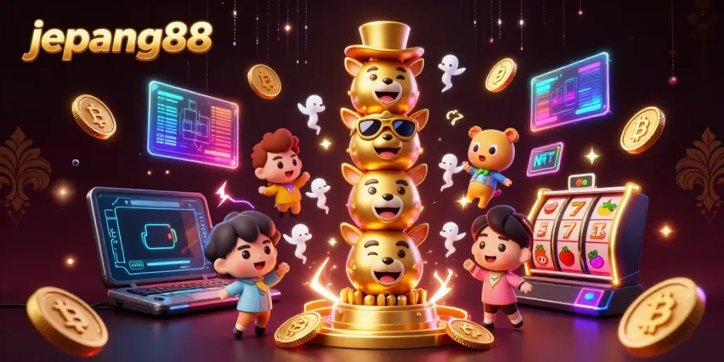 Engage with jepang88's vibrant slot games, featuring colorful characters and crypto elements in a casino setting.
