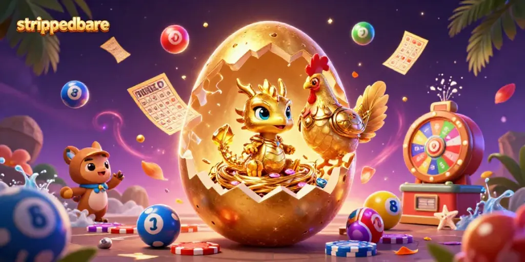 Strippedbare menampilkan ilustrasi kasino dengan naga emas dan elemen lotere yang dinamis.