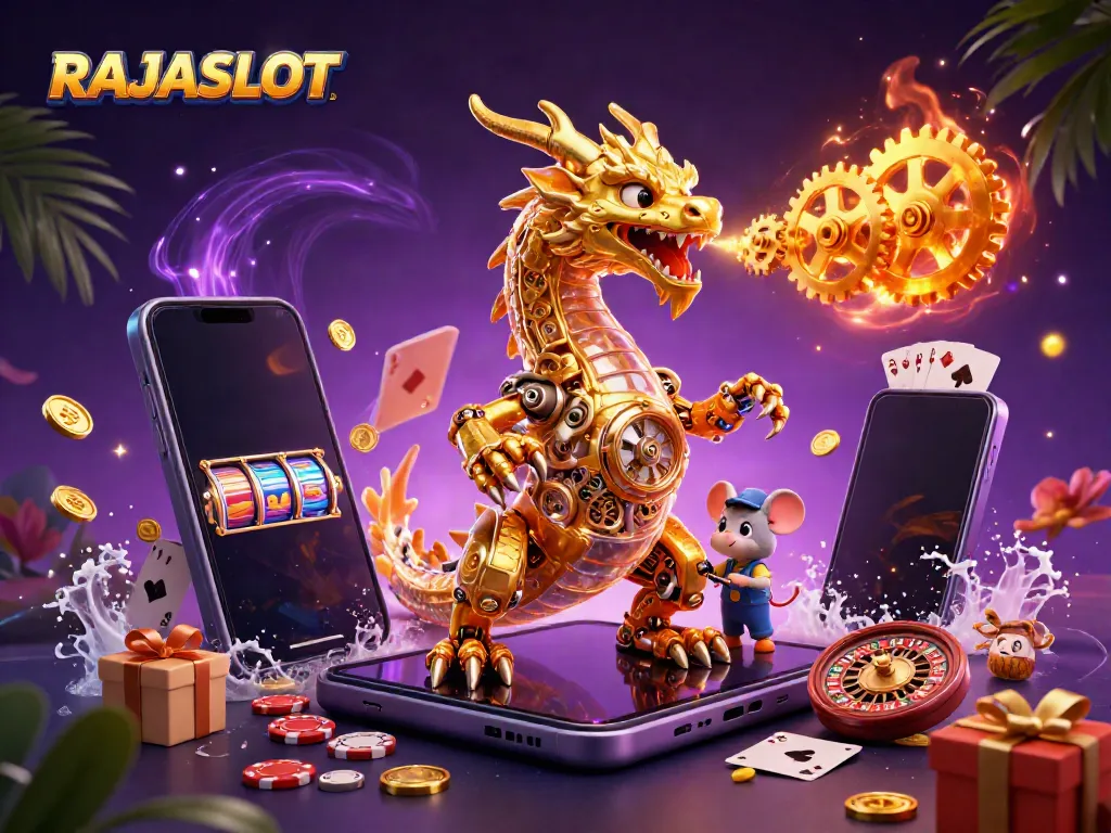 Bermain di RAJASLOT dengan dragon emas dan smartphone slot, menampilkan permainan seru!