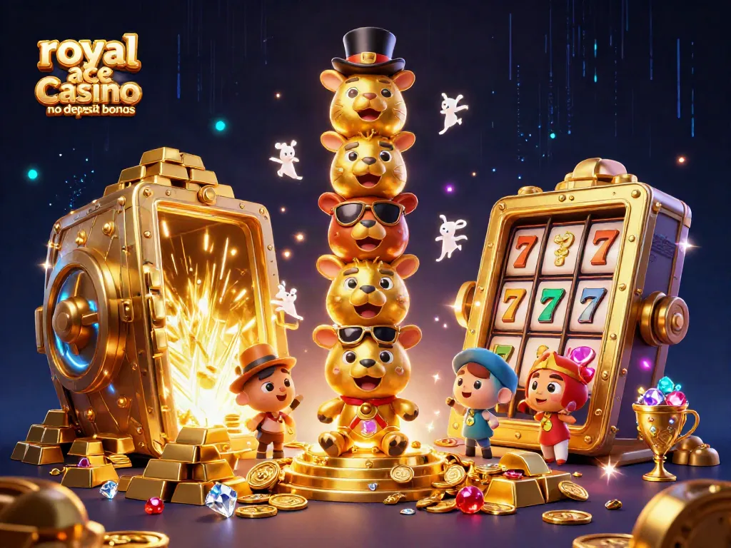 Engage with the royal ace casino no deposit bonus, featuring a vibrant golden theme with slot elements.