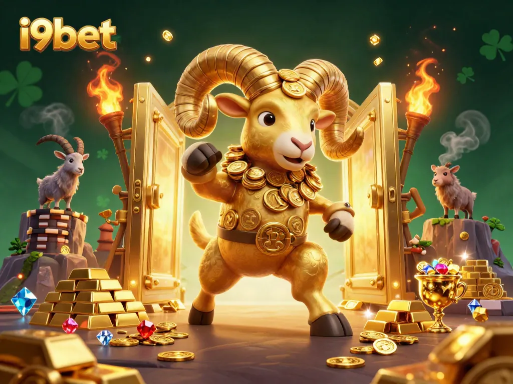 Experience thrilling wins at i9bet with a dynamic scene of a golden ram charging through treasures and riches.