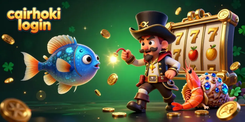 Masuk ke cairhoki login dengan ilustrasi 3D dari ikan pemancing dengan topi dan karakter lucu lainnya dalam suasana kasino.