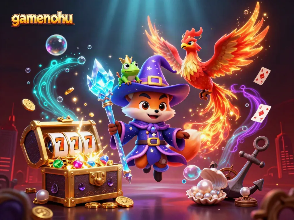 Engage in thrilling slots action with gamenohu’s vibrant 3D illustration featuring a wizard fox and phoenix.
