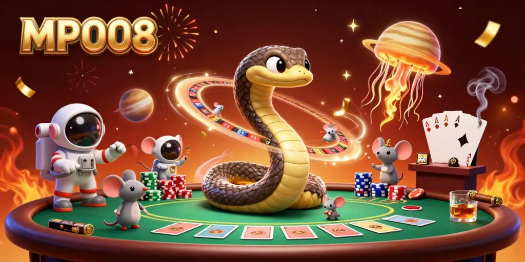 Place bets on the cosmic roulette of MPO08 featuring a Saturn ring snake and astronaut mice in a vibrant casino