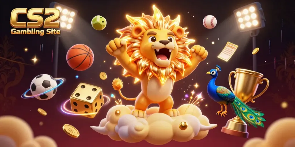 Experience thrilling moments at a CS2 Gambling Site with a dynamic scene featuring a roaring sun lion and animated sports elements.