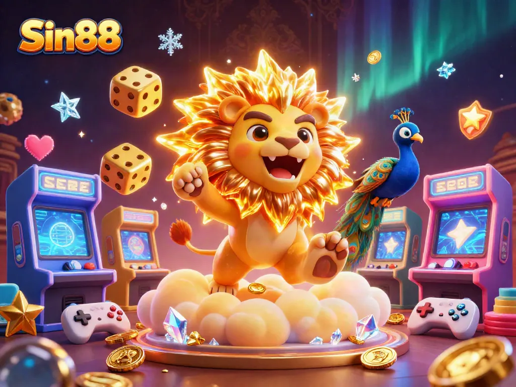 Engage with Sin88's vibrant 3D casino-themed illustration featuring golden dice, arcade games, and casino elements