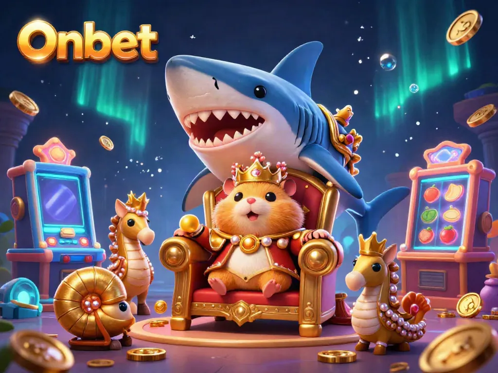 Experience fun gaming moments with Onbet featuring a fierce golden hamster king on a megalodon throne and dazzling slot machines.