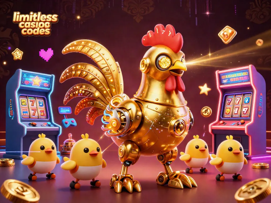 Engage with limitless casino bonus codes in a vibrant, dynamic 3D gambling scene featuring a golden robot and arcade elements.