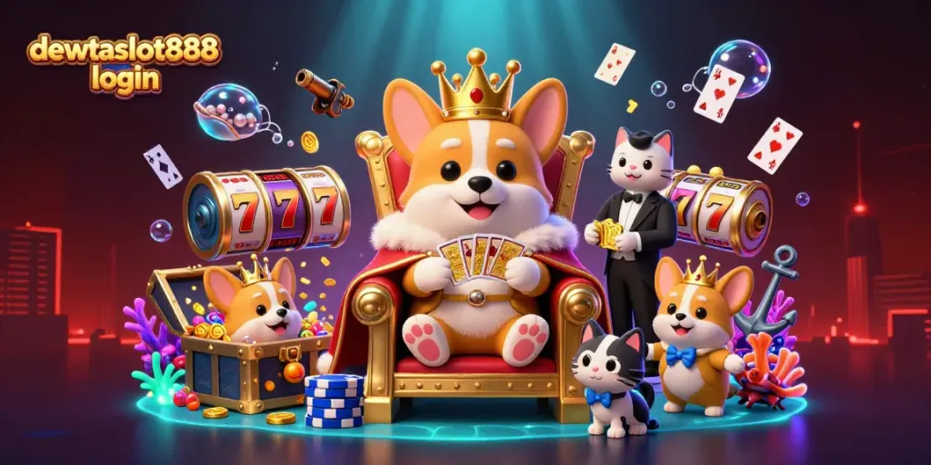 Login dewataslot888 dengan gambar kartun narasi kasino yang penuh warna dan berkilauan.