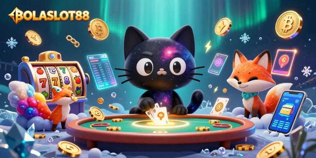 BOLASLOT88 captivating scene depicting a cartoon black hole cat and colorful nebula fox at a cosmic casino table