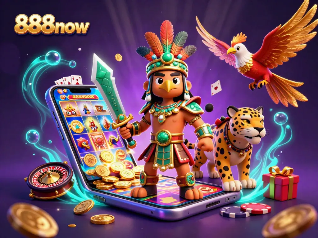 Engage with 888now's thrilling slots through a vibrant scene featuring dynamic characters and casino elements.