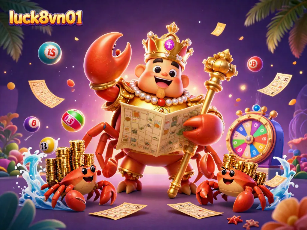 Engage in thrilling games at luck8vn01 with an emperor crab overseeing a vibrant casino scene.