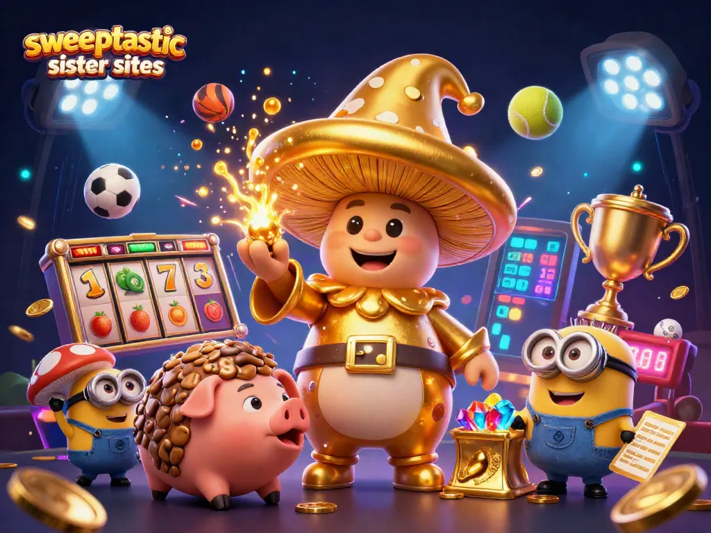 Engaging scene showcasing sweeptastic sister sites with magical characters and dynamic casino elements.