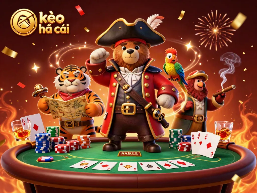 Engage with kèo nhà cái as a 3D cartoon pirate captain, fierce tiger, and parrot amidst poker elements.