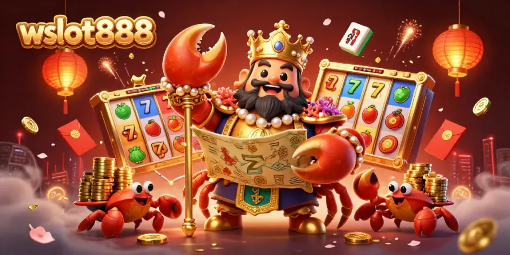Slot online wslot888 dengan kepiting emas dan elemen kasino penuh warna.