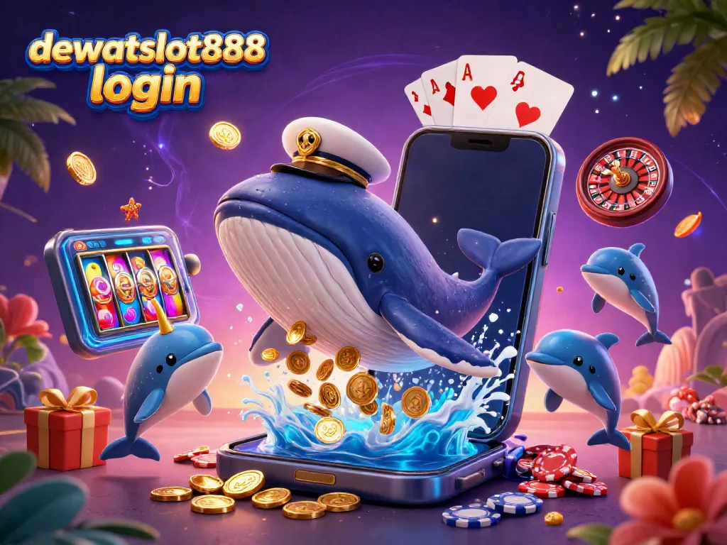 Permainan bertema kasino hidup dengan gambar dewataslot888 login, paus besar, dan simbol perjudian yang berwarna-warni.