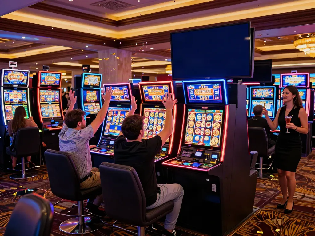 Lucky777 slot machine players celebrating a jackpot win at a vibrant casino.