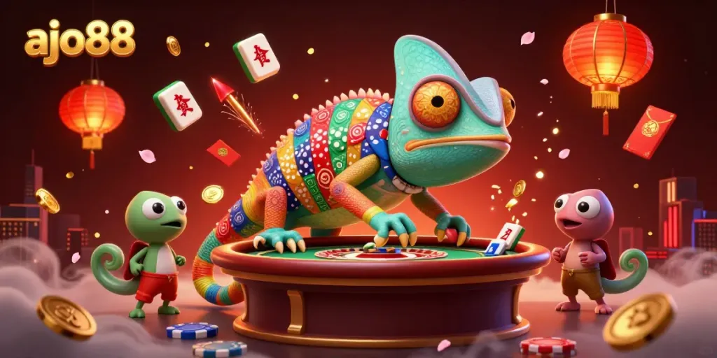 Permainan casino interaktif dengan chameleon AJO88 yang menarik koin emas dan simbol hoki.