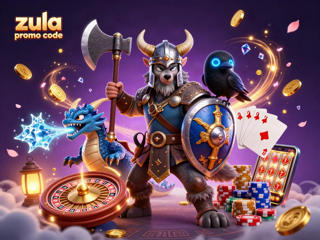 Adventure with zula casino promo code featuring a Viking warrior, dragon, and raven amidst casino elements.