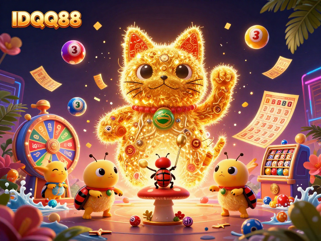 IDQQ88 showcases a vibrant lucky cat and conductor beetle in a festive lottery and bingo scene.