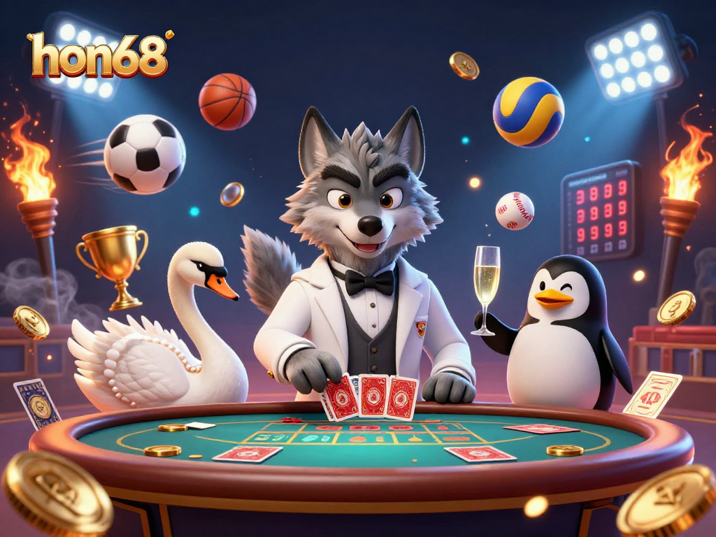 Engaging illustration of hon68 with a debonair wolf at a baccarat table and dynamic casino elements.