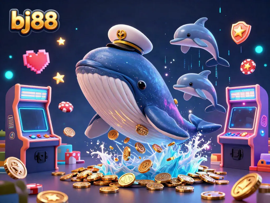 Bettors enjoy the vibrant world of bj88, with a cartoon whale and playful dolphins amidst casino elements.