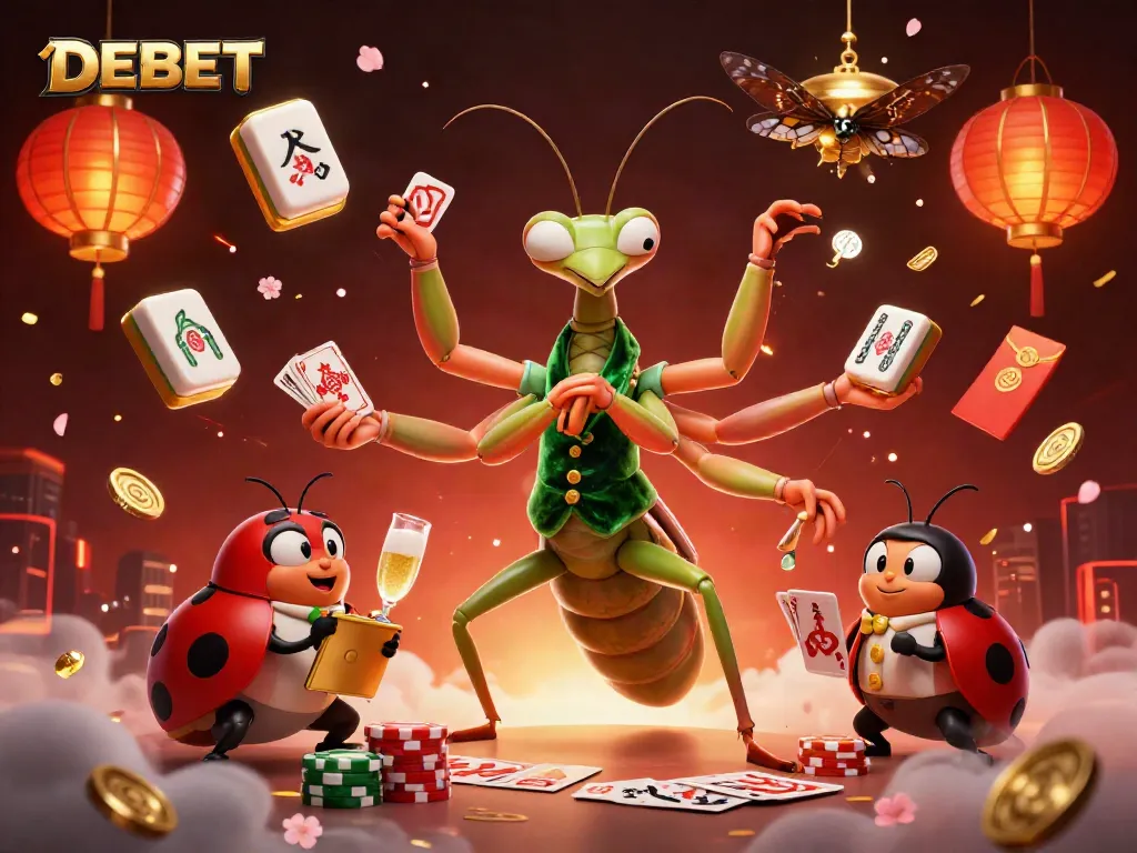 Experience DEBET gaming with a vibrant scene featuring a mantis card sharp and ladybug pit boss amidst a lively casino atmosphere.
