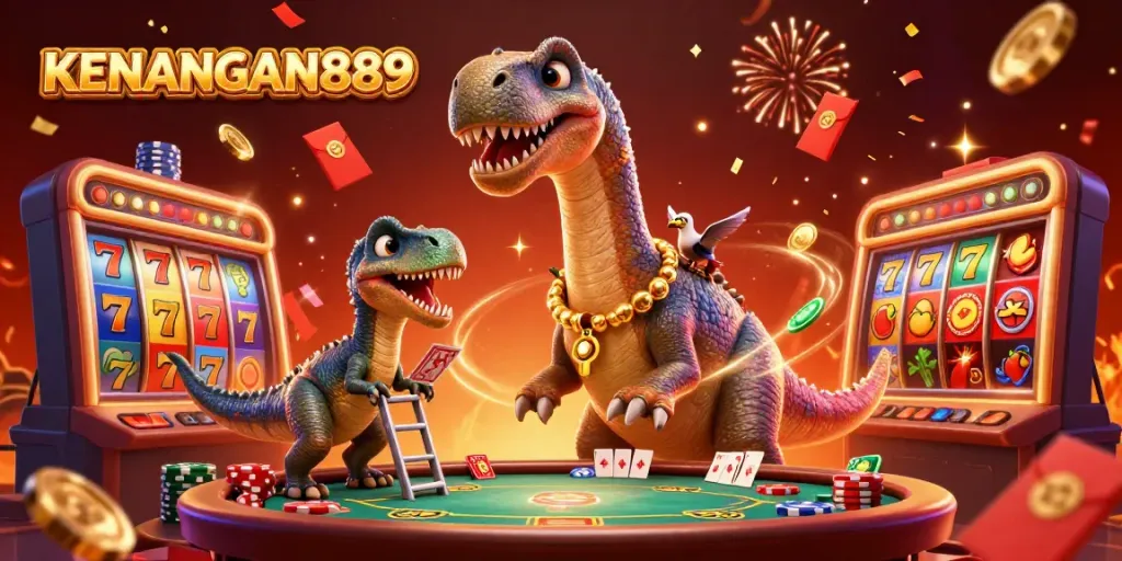 Play exciting games with KENANGAN889 at a vibrant casino scene featuring a unique cartoon setup.